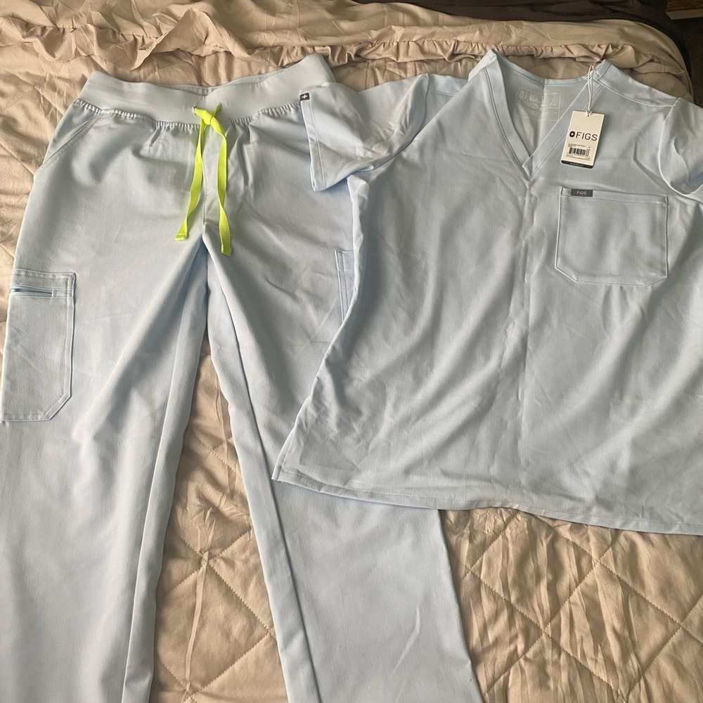 Figs Sky Blue Scrub Set with Neon Accents